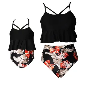 Costumi Da Bagno Coordinati Madre E Figlia Top Bikini Con Volant E Slip A Vita Alta Con Stampa Tropicale Nylon Spandex