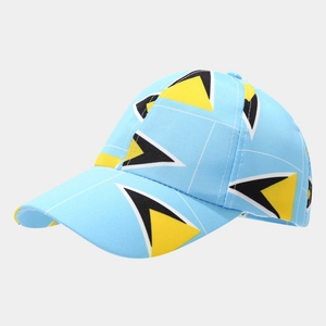 Detail view of Saint Lucia flag pattern on light blue kids baseball cap with canvas texture