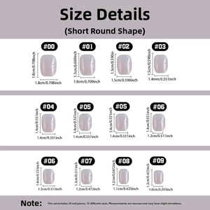 Size chart detail for Christmas short round press-on nails featuring reindeer and snowflake