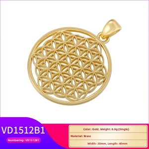 Detailed view of 30x40mm brass Flower of Life pendant with dimensions and weight info