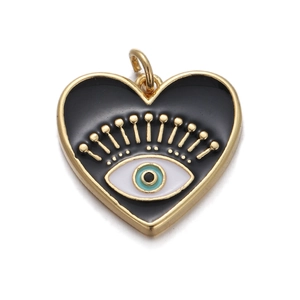 Golden heart evil eye charm with black enamel and blue accents for DIY necklaces