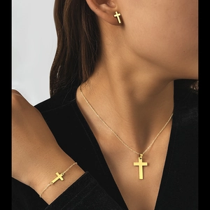 Stainless Steel Cross Jewelry Including Necklace Bracelet And Earrings Retro Hip Hop Style For Men Women Fashion
