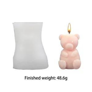 DIY 3D sitting bear silicone candle mold with finished pink candle and dimensions