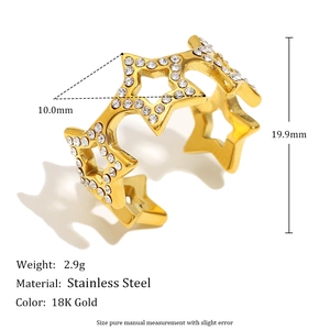 Minimalist 18K gold plated stainless steel open ring with star design and crystal accents