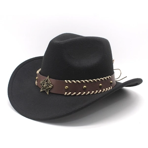 Classic black Western cowboy hat with brown leather band and bronze star emblem