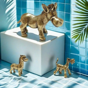 Three creative golden donkey figurines with metallic texture on blue water ripples