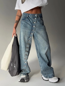 Women Cotton Denim Jeans Asymmetric Diagonal Button Fly Retro Washed Distressed Wide Leg Streetwear Floor Length Pants