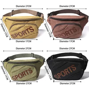 Canvas sports waist bag in khaki, tan, green, and black with adjustable strap and multi-pockets