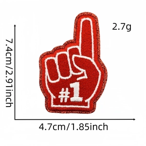 Detail view of red #1 finger embroidery patch showing dimensions 7.4cm by 4.7cm