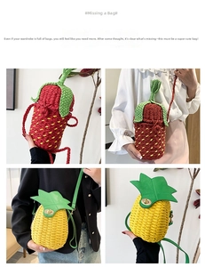 Close-up of handmade woven strawberry and pineapple fruit crossbody bags with details