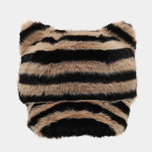 Plush faux fur baseball cap with cat ears and zebra stripe pattern for winter warmth