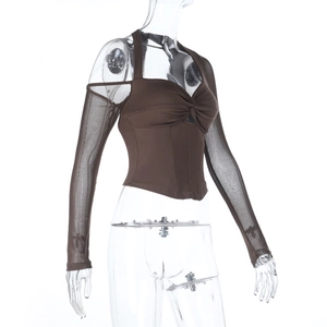 Detail of brown slim-fit top featuring mesh long sleeves and twisted knot V-neckline
