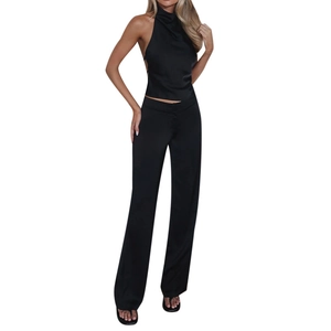 Elegant black satin two-piece set featuring a halter backless top and wide-leg trousers