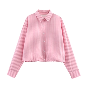 Blusa A Righe Rosa Manica Lunga Colletto A Revers Orlo Elastico Vestibilità Ampia Poliestere Stile Dolce Casual Per Donna