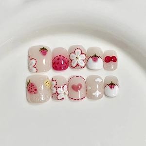 Cartoon Strawberry Floral Print Press On Nails Short Square Fake Nails Pink Sweet Style For Women Daily Wear