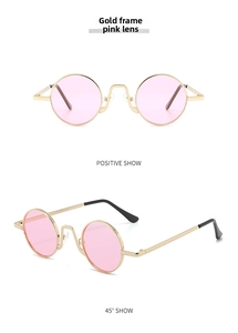 Detailed front and side views of vintage small round pink sunglasses with gold metal frames