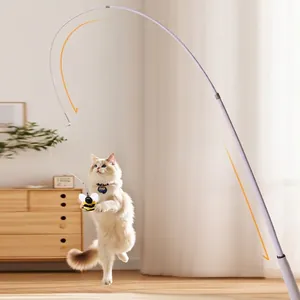 Interactive retractable fishing rod cat toy with a bee plush, durable and flexible long wand