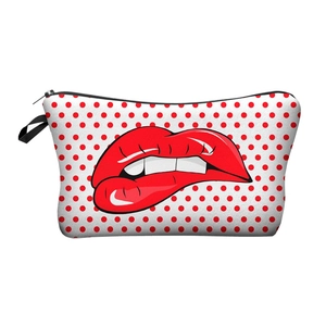 Pop art style makeup bag featuring red lips biting and classic red polka dot pattern