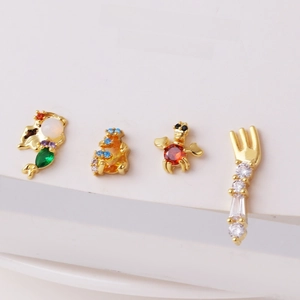 4Pcs Ocean Theme Stud Earring Set For Women Mermaid Tail Crab Shell Fork Zirconia Brass Earrings Gold Silver Plated Jewelry