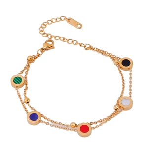 Double-layered gold titanium bracelet with five colorful round pendants and lobster clasp