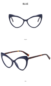 Front and side views of elegant blue cat-eye glasses with tortoiseshell patterned temples