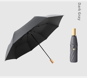 Detail of dark grey folding umbrella with natural wooden handle and gold snap button