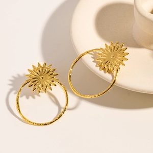 Sunflower Flower Hollow Round Hoop Earrings Stainless Steel 14K Gold Plated Textured Design Fashion Jewelry For Women