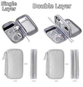 Detail of single and double layer grey digital storage bag with dimensions and compartments