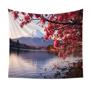 Detailed texture of Mount Fuji and cherry blossom print on bohemian tapestry fabric