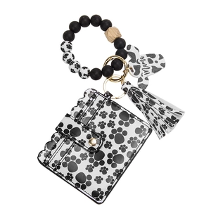 Silicone bead wristlet keychain with Mama cow tag and leopard paw print wallet set