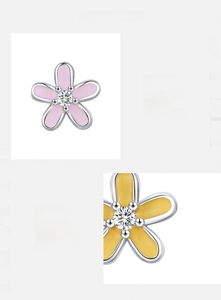 Detail of s925 silver flower stud earring with pink enamel and 5A cubic zirconia