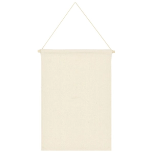 Detail of blank beige canvas banner with wooden rod and hanging rope for pins display
