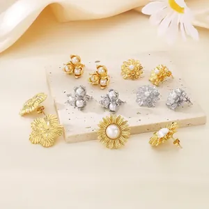 Vintage French Style Flower Petal Stud Earrings For Women Stainless Steel Artificial Pearl Shell Floral Jewelry Elegant Accessory
