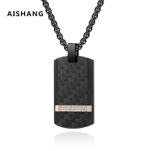 Men Pendant Necklace Stainless Steel Carbon Fiber Texture Dog Tag With Cubic Zirconia Inlaid Rectangular Punk Jewelry