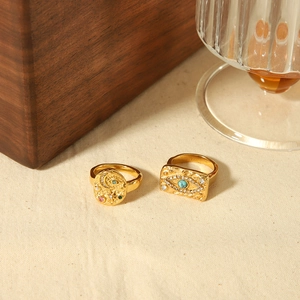 Evil Eye Ring 18K Gold Plated Stainless Steel Square Turquoise Rhinestone Celestial Star Moon Vintage Jewelry Unisex