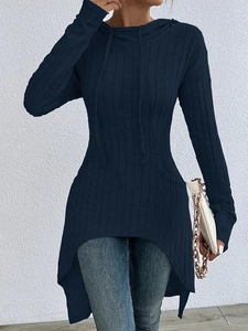 Sweat à capuche côtelé bleu marine pour femme avec ourlet asymétrique et coupe décontractée