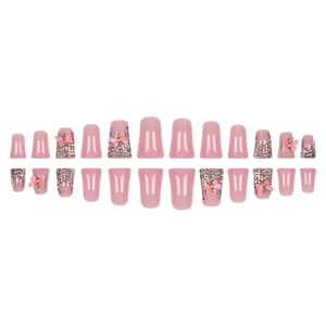 Pink duckbill press-on nails with 3D butterfly charms and sparkling rhinestones
