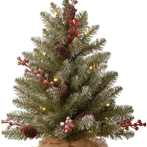 60cm mini Christmas tree with red burlap base, pine cones, berries and LED lights