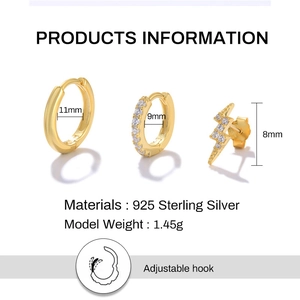 Detailed view of three 925 sterling silver gold earrings with size measurements