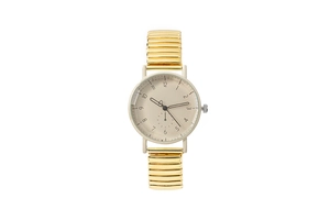 Detail of minimalist gold stretch band watch with vintage cream dial and Arabic numerals