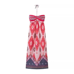 Bohemian geometric print halter neck maxi dress for beach vacations and summer wear