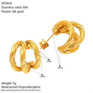 Detailed size specifications for 18K gold plated double layer C-shaped earrings