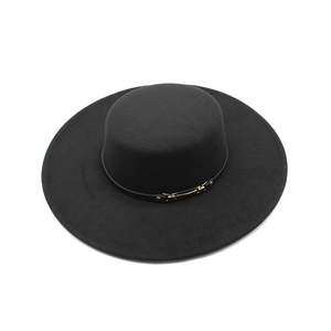 Classic black wool flat top boater hat with black PU band and gold metal buckle detail