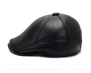 Side view of men's black textured leather flat cap showing stitching and visor details