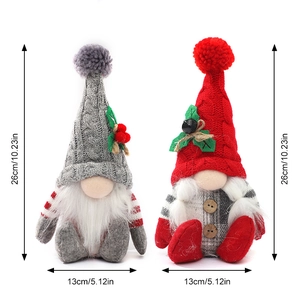 Pair of Christmas plush gnomes with knitted hats and measurements in centimeters and inches
