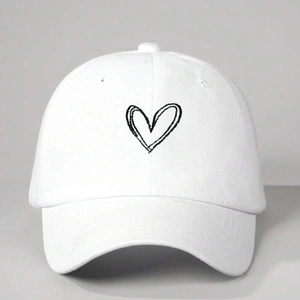 White cotton baseball cap with black heart embroidery and adjustable curved brim for outdoors