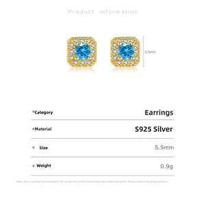 Detailed specs of square S925 silver stud earrings with blue gemstone and dimensions