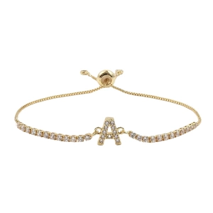Adjustable golden tennis bracelet with sparkling zircon initial A and slider clasp