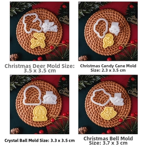 Detail of Christmas cookie stamps set featuring deer, bell, and snowflake press molds
