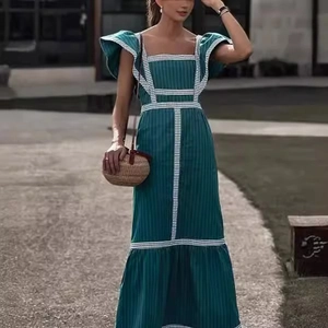 Damen Elegantes Eckiger Ausschnitt Volantärmel Patchwork Gestreift Kariert Midi Kleid Sommer Freizeit Polyester Urlaub